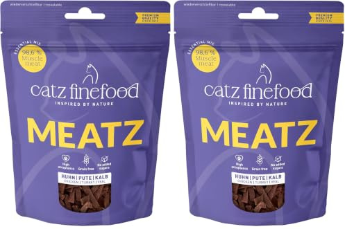 catz finefood Meatz Katzen Leckerlies Essential Mix - knusprige Streifen aus den beliebtesten Fleischsorten - Katzensnack für Allergiker ohne Zucker, getreidefrei (1 x 45 g) (Packung mit 2)