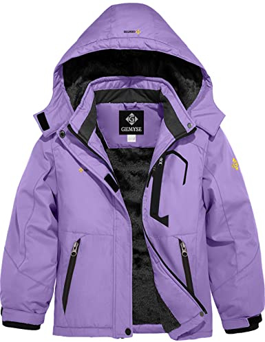 GEMYSE Veste de Ski pour Fille Enfant Manteau Hiver Chaud Imperméable Coupe-Vent avec Capuche et Doublure Polaire pour Neige et Montagne(Violet Clair,160-168)