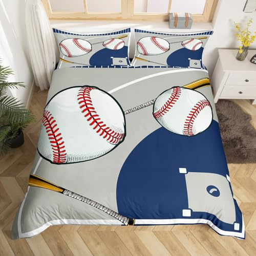 Loussiesd Baseball Bettwäsche Set 135x200cm Kinder Baseball Court Bettwäsche-Set für Jungen Mädchen Gaming Sport Bettbezug Set Sports Theme,Blau Grau