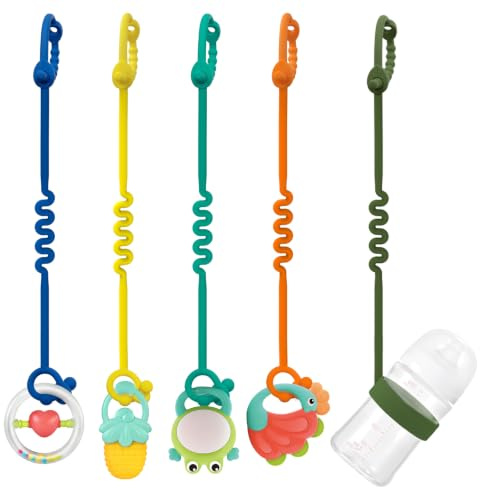 Schnullerkette Silikon - Verstellbare Silikon Schnullerkette und Cup Catcher Baby für Kinderwagen, Hochstühle, Kinderbetten, Autositze - Buggy Spielzeug Zum Befestigen (Mehrfarbig)