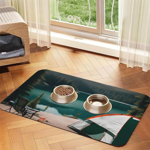 Serenity Lake Camping Print Pet Feeding Mat Dog Mat for Food and Water Bowl Dogs Water Dispenser Mat Dogs Accessories