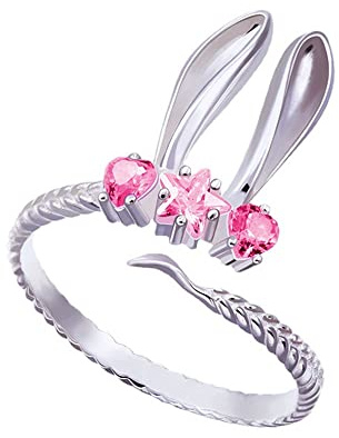 CWZZWS Pink Rabbit Statement Stapelring für Frauen versilberte Liebe Herzstar Kristall Zirkonia Tier Hasen Haustier Ohr Verstellbares Versprechen Offener Wickelfinger Ringe Komfort Fit Ostern