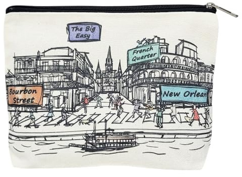 Beary Blu Cities Around the World Cosmetic Bag Series – Designed in USA, Travel Makeup Bag with Zipper, Souvenir Gift for Women, Cute City Artwork Organizer for Purse or Toiletry (New Orleans)