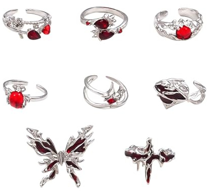 CZMZHFC 8-teiliges Gothic-Ringe für Damen, Vintage-Silber-Knöchelring-Set, verstellbare Öffnung, stapelbar, Statement-Ring, Punk, Schmetterling, Spinne, Kreuz, Herz, roter Edelstein, Y2K-Ring