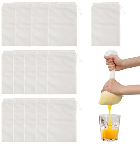BigKego 15 stycken nötmjölkspåsar nylon 30 × 20 cm passerduk återanvändbar tvättbar filterpåse påse med dragsko för ost kaffe yoghurt fruktjuice grönsaksjuice