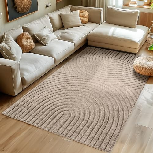 SIMPEX Wohnzimmer Teppich 200x290 cm Beige Hochflor Skandi Boho Design Hoch-Tief Effekt Weicher Shaggy Langflor Flauschig Robust Pflegeleicht Modern für Esszimmer