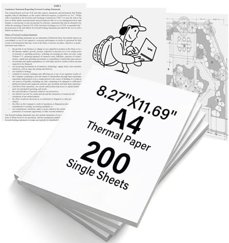 200 Blatt A4 Thermopapier, Einzelblätter, schnell trocknend BPA-frei | 200er-Pack A4 Thermodrucker Papier, NICHT gefaltet, 210x297mm. Kompatibel mit A4 Thermodruckern für Dokumente & Fotos