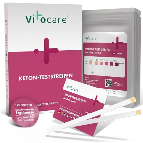 vitocare 25x oder 125x Ketose Teststreifen mit Handbuch, Keto, Urin Teststreifen unterstützen beim Abnehmen mit Low Carb Diät, Ketogene Ernährung, Ketone, Ketoneteststreifen (125)