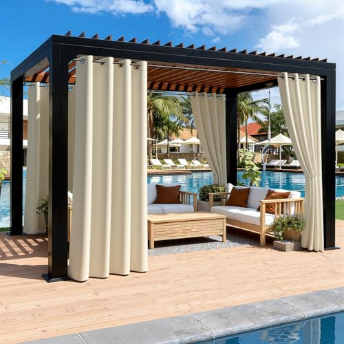 ISOISL Outdoor Vorhang Wetterfest, Garten Outdoor Vorhang mit Ösen 1,6 Zoll, Blickdicht Sichtschutz & Sonnenschutz für Terrasse Balkon Pavillon, 132 x 213 cm (BxH), Beige, 1 Stück