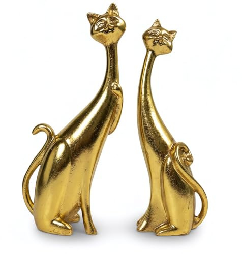 masteymoh Gold Leaf Resin Cat Figuirines Pack of 2, Loft Abstract Cat Statues 9.6x3.8, Cats Figurine for Home Décor, Accent Cat Sculpture, Unique Art Gift for Cat Lovers (2 in Gold)