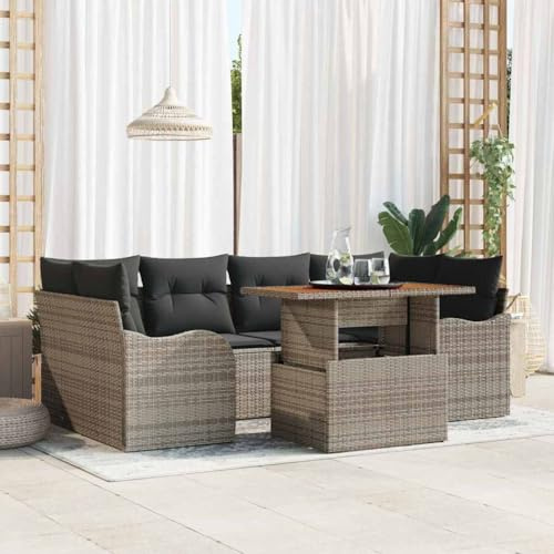 Hoopleep Garten-Sofa-Set mit Stauraum, 7-teilig, Grau Poly Rattan, Modulares Outdoor Lounge Möbel für Terrasse und Balkon, Inklusive Gartentisch
