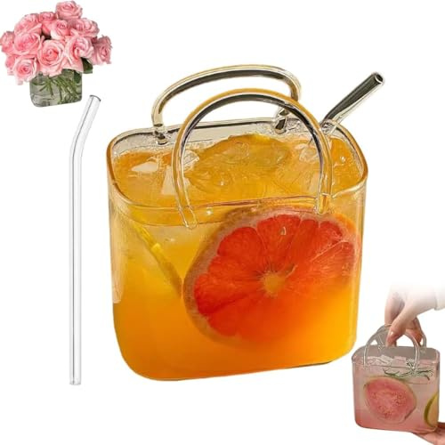 GUSHE Purse Drinking Glass, Glass Purse for Drinks, Handbag-Shaped Drinking Glass Cup, 26oz Unique Glass Purse with Straws, Creative Handbag Wine Glass for Cocktails, Fruit Juice, Flowers