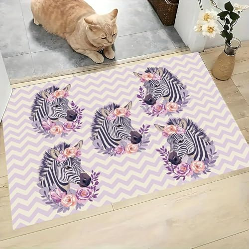 MLSOWM Rosa Fussmatte Teppich Kranz Zebra 50x80 cm Fußmatte Fischgrätstreifen Weich rutschfest Waschbarer Kurzflor Teppiche für Schlafzimmer Innen Küche Wohnzimmer Bettvorleger