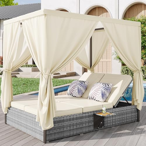 Rvjiahe Gartenliege Doppelbett mit Schattenvorhang, Rattanliege, Outdoor-Möbel für Lounge, Balkon und Garten, wetterfest, klappbar, mit Kissen und Klapptisch,Cremeweißes Kissen