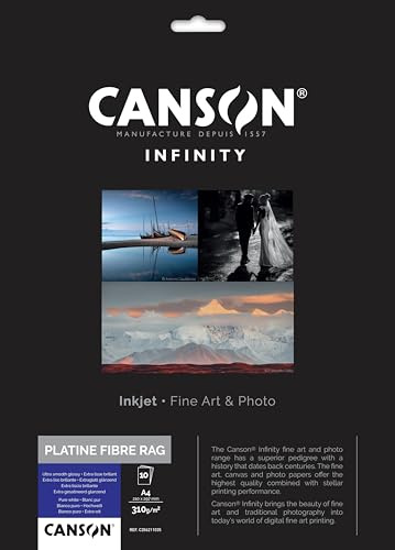 CANSON Infinity Platine Fibre Rag Ultra Smooth Glossy 310gsm A4 Paper, Digital Darkroom Papers, 10 Pure White Sheets, Ideal for Professional Photographers