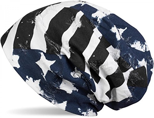 styleBREAKER Beanie Mütze im USA Flag Stars & Stripes Destroyed Vintage Look, Slouch Longbeanie, Unisex 04024079, Farbe:Blau-Weiß-Schwarz