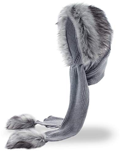Futrzane Classic Kapuzenschal - Winter Schalmütze Damen - Mützenschal mit Fell (One Size, Grau - Silber Classic)