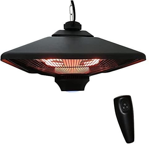 Outsunny Hanging Electric Patio Heater with 2 Power Settings, 1000/2000W Waterproof Ceiling Mounted Aluminium Halogen Infrared Outdoor Heater Warmer with LED Light and Remote Control, Black
