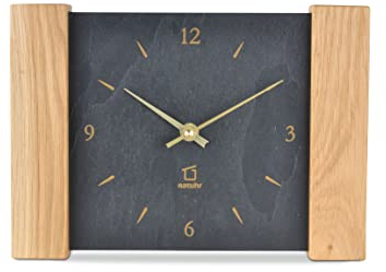 Natuhr Tischuhr Holz Eiche Schiefer Wanduhr Dachstein auch Wandmontage geräuscharmes Quarz-Uhrwerk (Schwarz/Eiche geölt - Quarz)