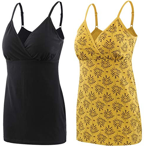ZUMIY Haut d'allaitement de Grossesse, Camisole de Maternité sans Manches en Coton avec des Bretelles Réglables(Black+Yellow Printing/ 2-PK,S)