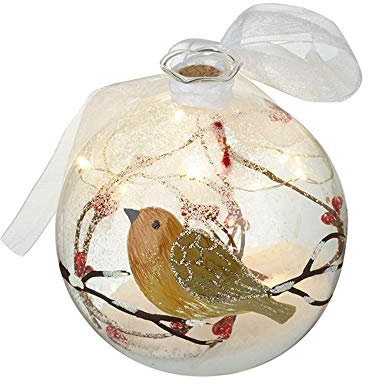 Heaven Sends Clear Glass LED Christmas Tree Bauble Decoration with ROBIN and CHRISTMAS BERRY Detail