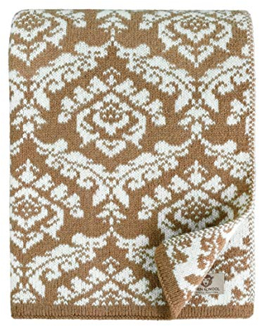 Linen & Cotton Jacquard Decke Wolldecke Gestrickt Caressa Damast Muster - 100% Reine Neuseeland Wolle, Beige Braun/Weiß (135 x 180cm) Kuscheldecke Strick Sofadecke Strickdecke Plaid Couch Sofa