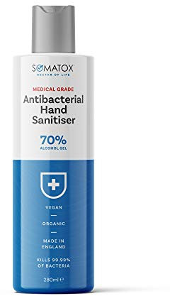 SOMATOX™ Medical Grade Hand Sanitiser Gel - 300ml Bottle 70% Antibacterial Alcohol Gel - Organic Vegan & Made in UK - Kills 99.9% of Viruses and Bacteria - Hospital Pharma Grade