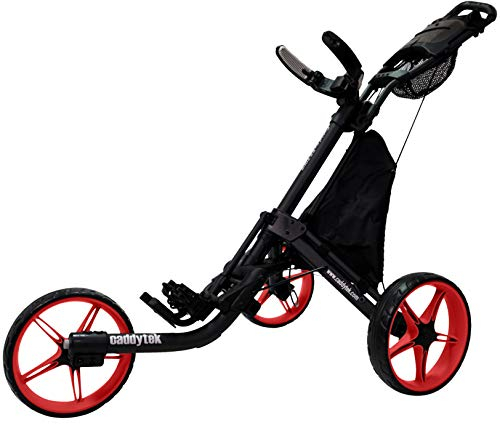 CaddyTek EZ Tour Quickfold Deluxe 3-Rad Golftrolley Golfcaddy faltbar komplett mit Kühltasche - Qualität vom Deutschen Fachhändler (schwarz-rot)