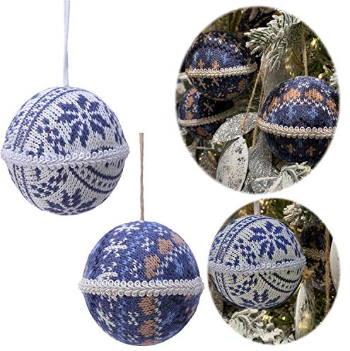 LS-LebenStil 2 Weihnachts-Kugeln Stoff Gestrickt Blau Weiß 8cm Winter-Zauber Christbaum Deko