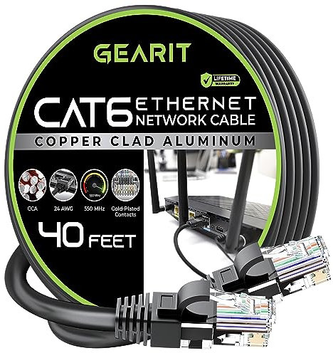 GEARit Cat 6 Ethernet Cable CCA (40 feet) LAN Network Cord, UTP, Internet, Network Cable - Supports Cat6 / Cat5e / Cat5 Network Standard - Black, 40ft