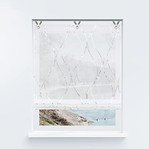 Yujiao Mao Voile Raffrollo ohne Bohren mit modernen Streifen Druck Ösenrollo Raffrollos mit Hakenaufhängung Transparenter Vorhang Silber BxH 45x130cn 1 Stück