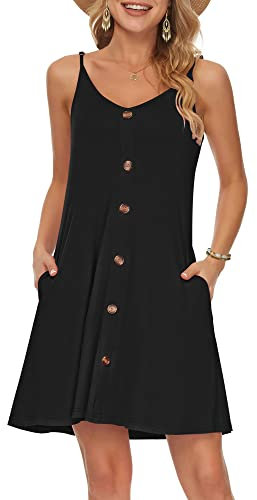 WNEEDU Vestido Mujer Verano Playa Correa Vestidos Corto Cuello en V Casual con Bolsillos Negra XXL