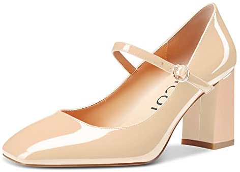 Aachcol Donna Mary Jane Pumps Chiusa Quadrata Punta Chunky Blocco Medio Tacco Heel Slip-on da Matrimonio Ufficio Feste Dress Scarpe 8 CM Beige Verniciata 37 EU