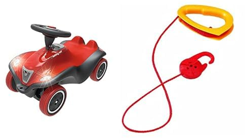 Big-Bobby-Car Next - Deluxe Variante, mit LED-Front Scheinwerfer, Flüsterreifen und weichem Sitz, bis zu 50kg, ab 1 Jahr, rot & Big-Bobby-Car-Seil - Schleppseil mit Griff und Aufwickelrolle, 172 cm