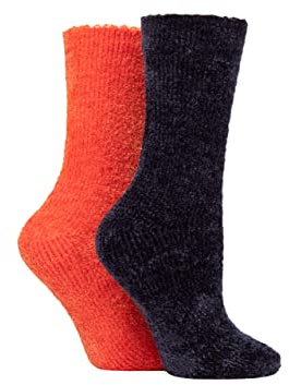 ELLE Ladies Chenille Leisure Socks Pack of 2 Charcoal/Rust 4-8