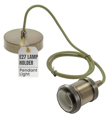 LEDSone Green Brass Vintage Metal Ceiling Pendant Light Fitting, Army Green Round Braided Flex 1m Cable, E27 Lamp Holder Suspended Pendant Light Fitting Kit