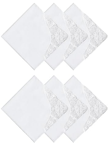 HOULIFE Stofftaschentücher Damen - Taschentuch Hochzeit, Stoff Taschentücher aus Gekämmte Baumwolle Weich Weiße Blumen Stickereien mit Spitzen, 3/6 Stücke, 43x43cm (6, Weiß 3)