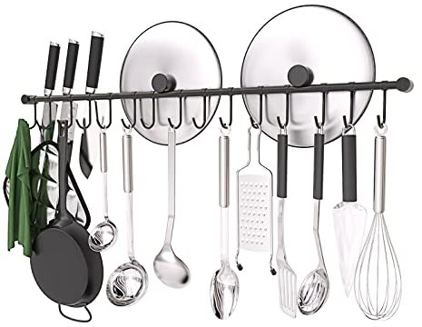 OKEPOO 304 Stainless Steel Kitchen Utensil Hanger - 30 Inch Wall Mount with 15 Pcs Noiseless Sliding Hooks, Pots and Pans Hanging Rack, Organizer Storage for Spoon Peeler, Black
