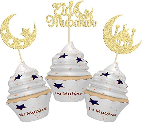 Gyufise 24Pcs Eid Mubarak Cupcake Toppers Gold Glitter Moon Star Ramadan Kareem Cupcake Picks for Eid Islamic Muslim Theme Party Cake Decorations Supplies