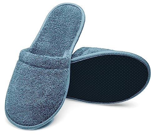 Arus Ciabatte da bagno - 1 paio di pantofole in spugna 100% cotone - Unisex 38/42 o 43/46 - Lavabili, antiscivolo, leggere, ideali per spa, sauna, hotel, doccia, ospiti, viaggi, benessere, grigio blu