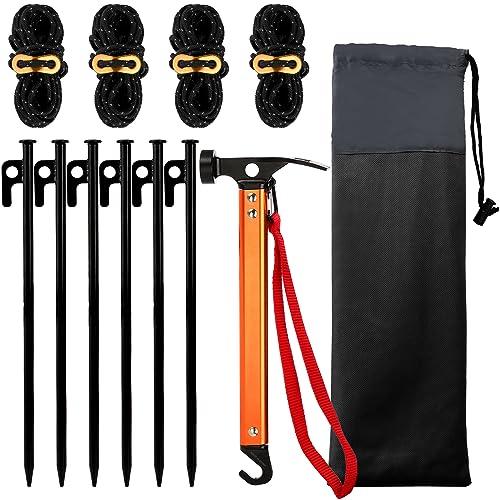 Suwimut 6 Stück Zeltheringe, 30.5cm/12zoll robuste Metall-Zeltheringe mit Hammer, 1.2 x 4m reflektierende Seile und Aufbewahrungstasche, Outdoor Camping Zubehör Set, Aluminiumhammer zum Wandern