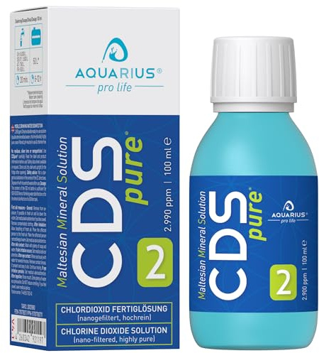 AQUARIUS pro life ® - CDSpure 100 ml - Chlordioxid Fertiglösung 2990ppm (0,299%) - CDL/CDs Tropfen I hochrein, nanogefiltert & bis zu 2 Jahre ungekühlt haltbar I inkl. Dosierbecher + Pipette
