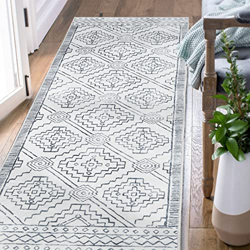 TOPICK Runner Rug 60x150cm Entrance Door Mat Soft Short Pile Washable Grey Rug Geometric Print Carpet Non Slip Lightweight Carpet for Kitchen Bathroom Living Room Bedroom