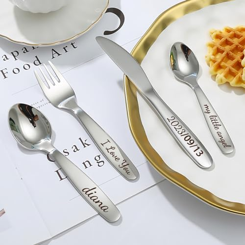 Malihome Vajilla Infantil Personalizada, Nombre Personalizado Tenedor/Cuchillo/Cuchara vajilla de Acero Inoxidable 304, Regalo cumpleaños, vajilla Exclusiva para bebé (Plata) (Plata)