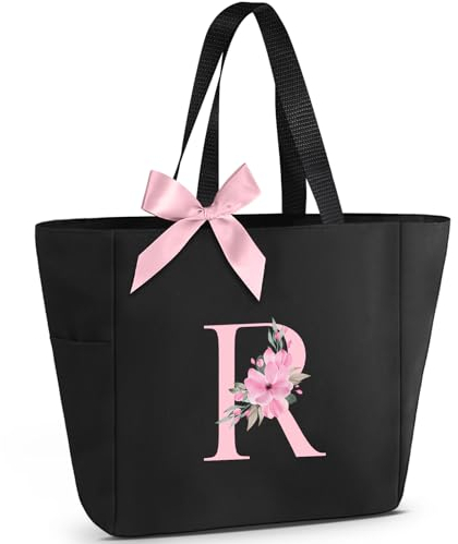 Vavabox Handtasche Damen A-Z Reißverschluss Schultertasche, Geschenke für Damen,Bräute und Brautjungfern, Arbeit,Reisen,Einkaufen,Schule (R, Schwarz)