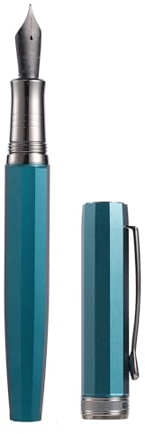HONG DIAN Hongdian N11 Fountain Pen, Titanium-Coated Black Extra Fine Soft Nib, Peacock Blue & Octagonal Geometric Design with Metal Case Set