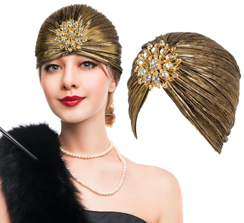 BOFUNX Damen Turban Hut mit Abnehmbarer Kristall Brosche 1920s Vintage Turban Hut Glitzer Elastische Kopf Wraps Gatsby Fasching Kostüm Accessoires
