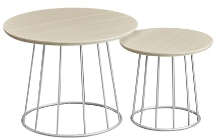 VASAGLE Couchtisch rund, 2er Set, modern, runder Beistelltisch, mit Stahlgestell, für Wohnzimmer, Schlafzimmer, naturbeige LCT045K67