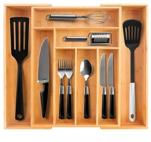 SEVERNO Besteckkasten für Schubladen, Praktischer Küchen Organizer, Aus Bambusholz, Mit 6-8 Fächern, Ausziehbar 33,5-50 x 55 x 5 cm, Robuste und feuchtigkeitsresistente Konstruktion