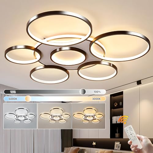 YYUTLUO Moderne LED Deckenleuchte, Ø110cm Schwarze Multi Kreislampe, 120W Stufenlos Dimmbar 3000–6000K Runder Kronleuchter Aus Metall + Acryl Schlafzimmer Wohnzimmer Kinder Büro Arbeitszimmer(7 Ringe)